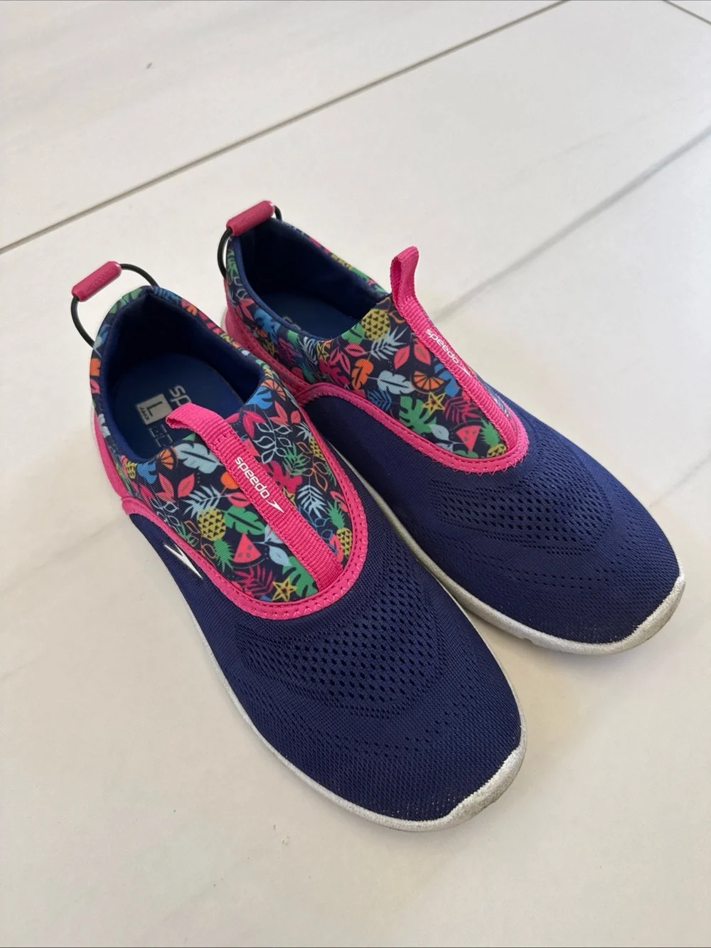 Speedo Navy and Pink Kids Slip-On Water Shoes with Tropical Print